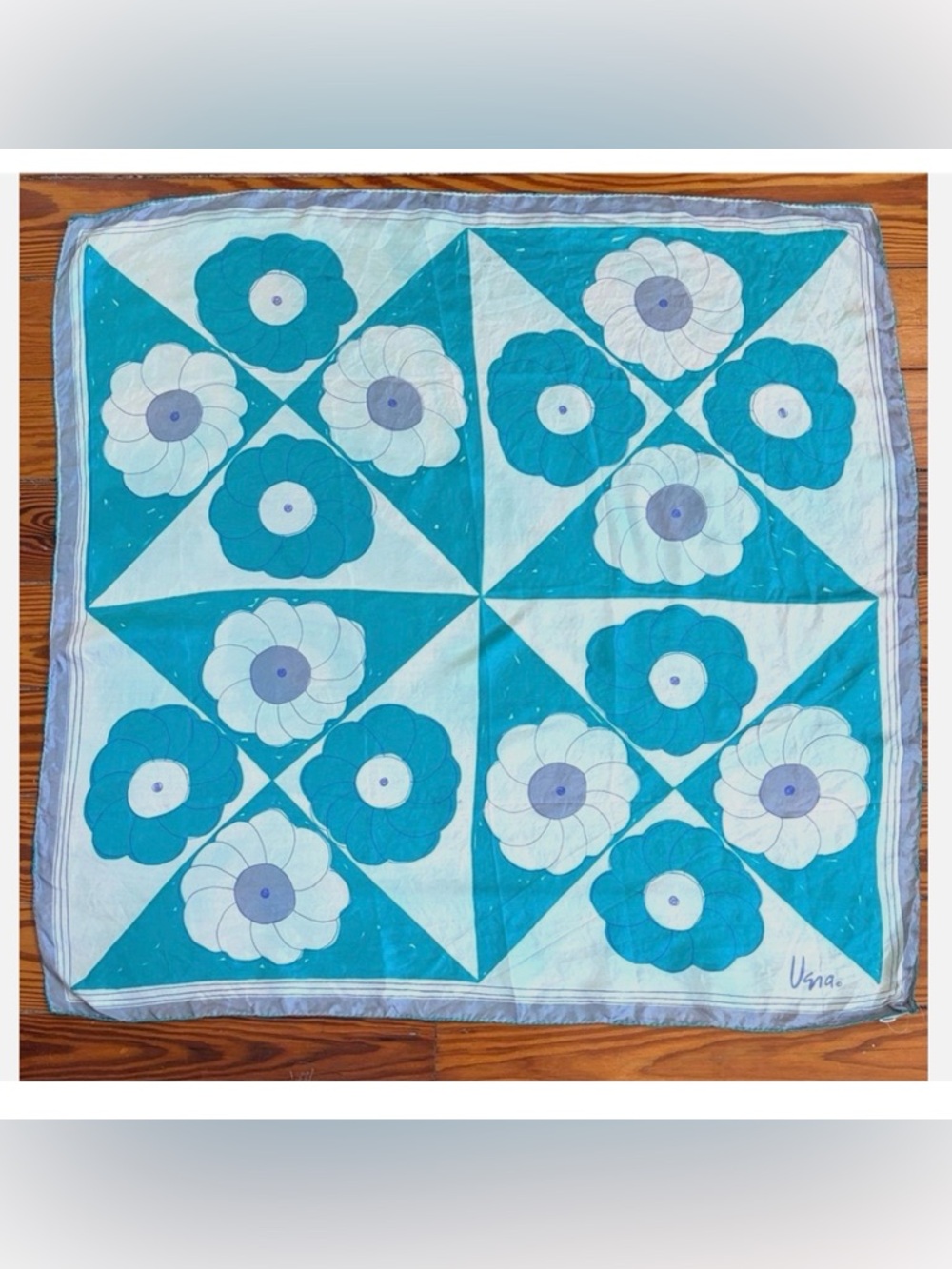 Vera Neumann Silk Scarf Blue Floral Mod Geometric Signed Vera Hand Rolled USA